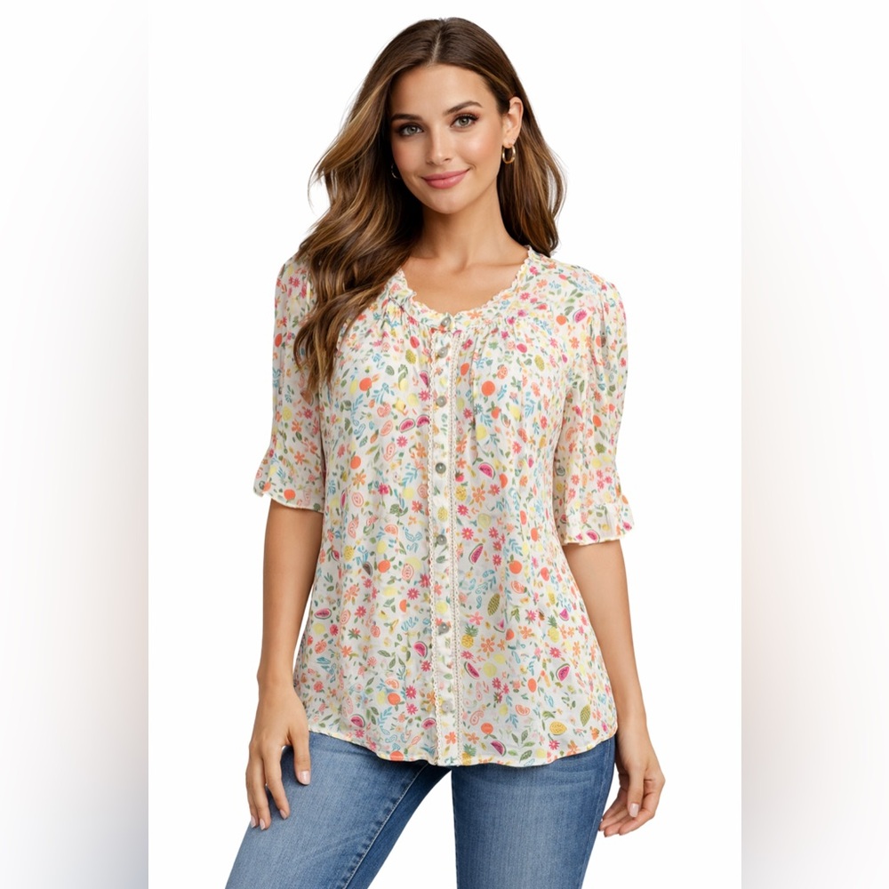 Democracy Floral Fruit Print Button Front Blouse 3/4 Sleeve